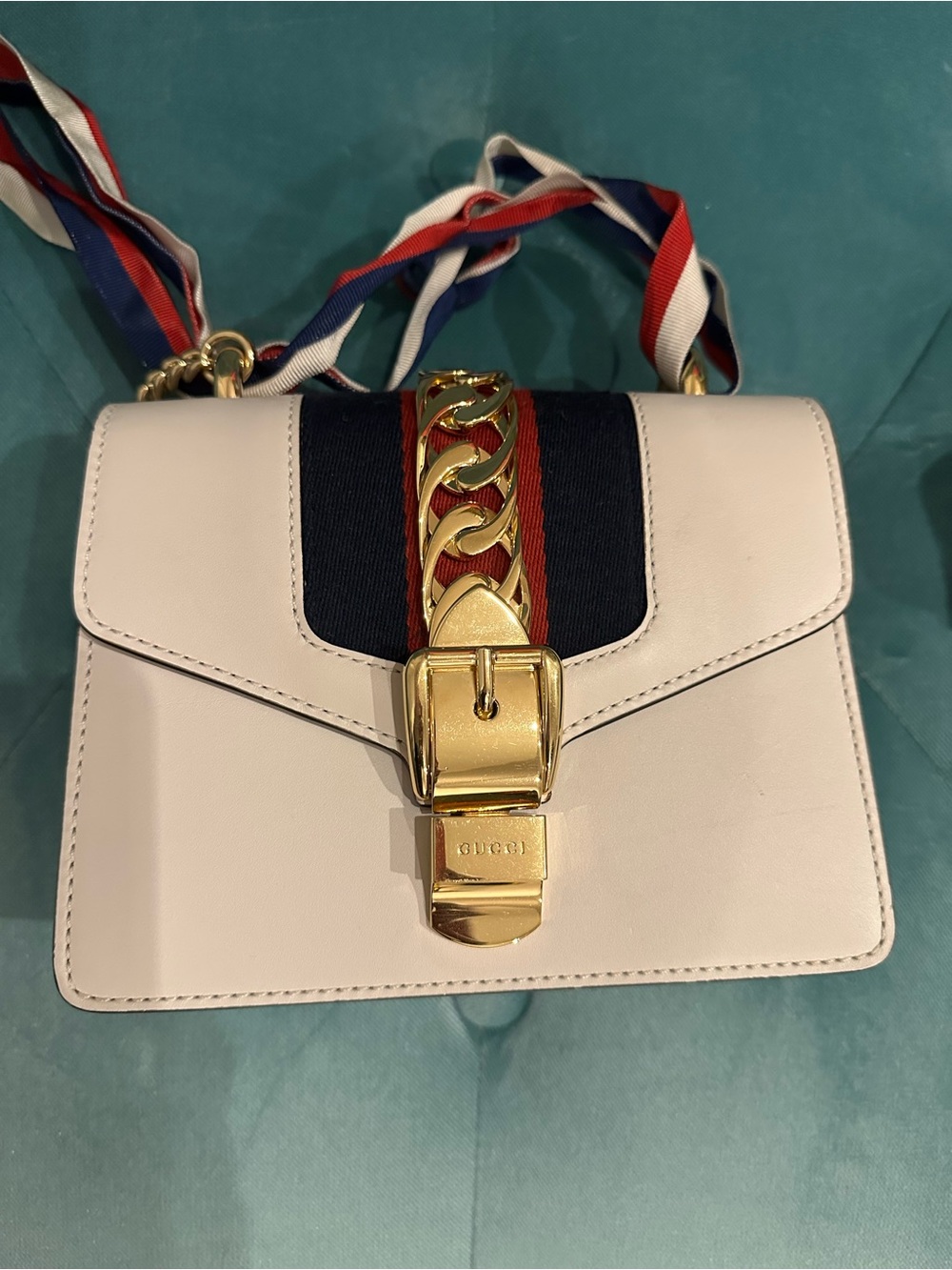 Gucci Sylvie Cream Leather Shoulder Bag with Navy and Red Trim